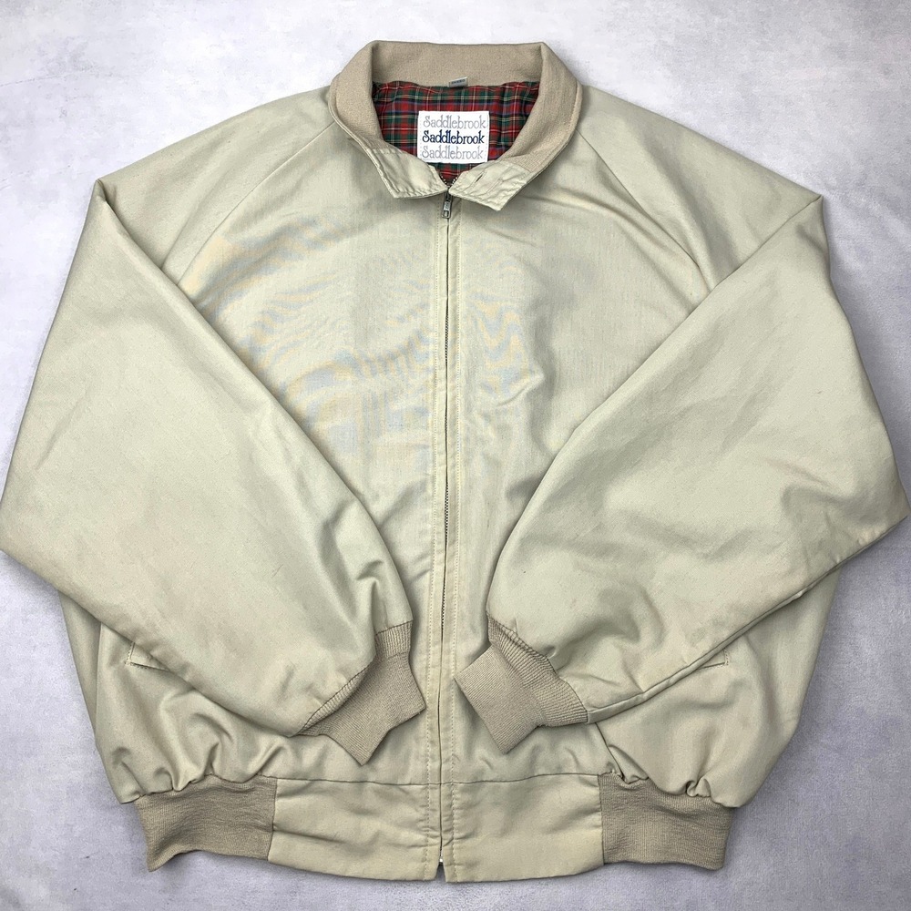 Vintage Saddlebrook Harrington Jacket Mens 2XL Beige Plaid Lined Bomber USA Made